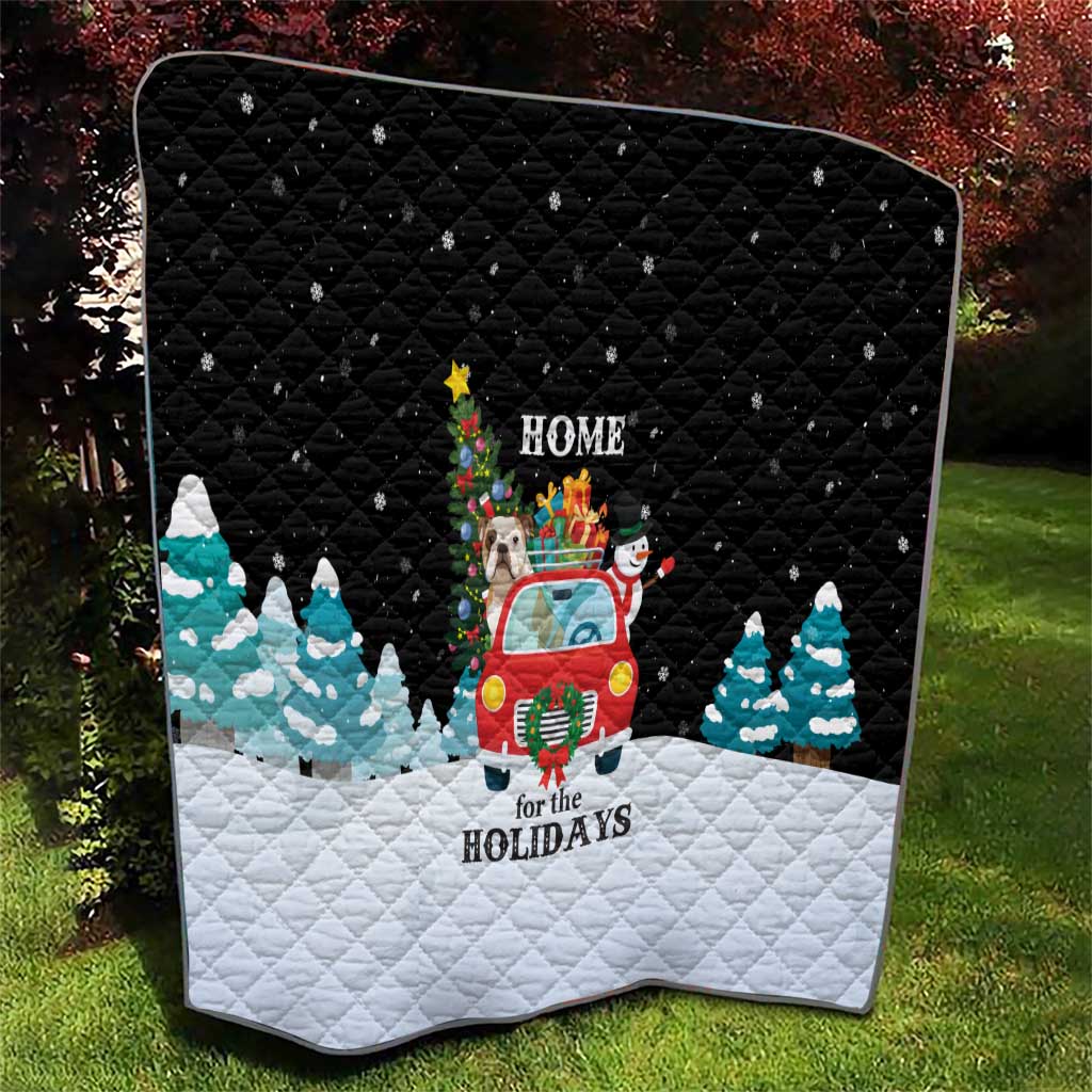 Merry Christmas Bulldog And Snowman Quilt Dog Snowman Christmas Tree and Red Car Winter Scene - Wonder Print Shop