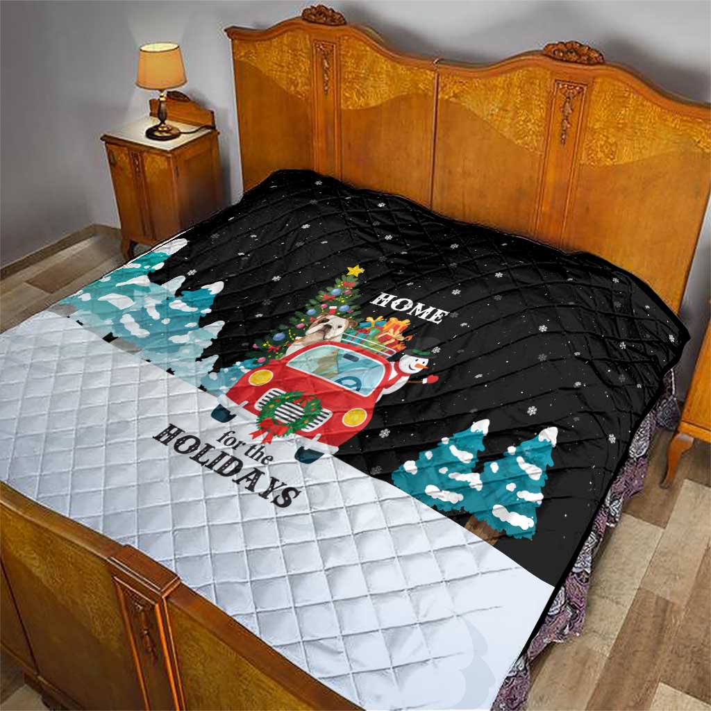 Merry Christmas Bulldog And Snowman Quilt Dog Snowman Christmas Tree and Red Car Winter Scene - Wonder Print Shop
