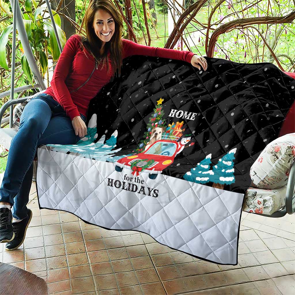 Merry Christmas Bulldog And Snowman Quilt Dog Snowman Christmas Tree and Red Car Winter Scene - Wonder Print Shop