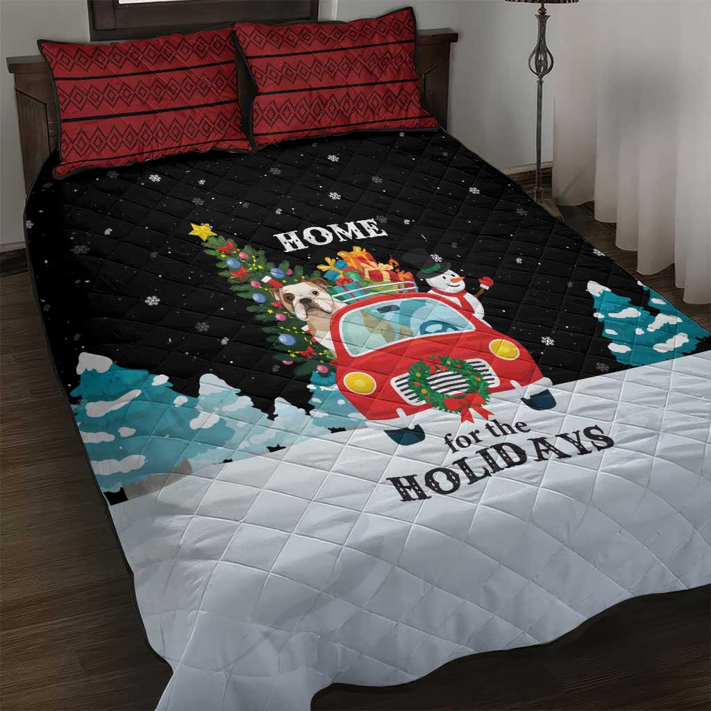 Merry Christmas Bulldog And Snowman Quilt Bed Set Dog Snowman Christmas Tree and Red Car Winter Scene - Wonder Print Shop