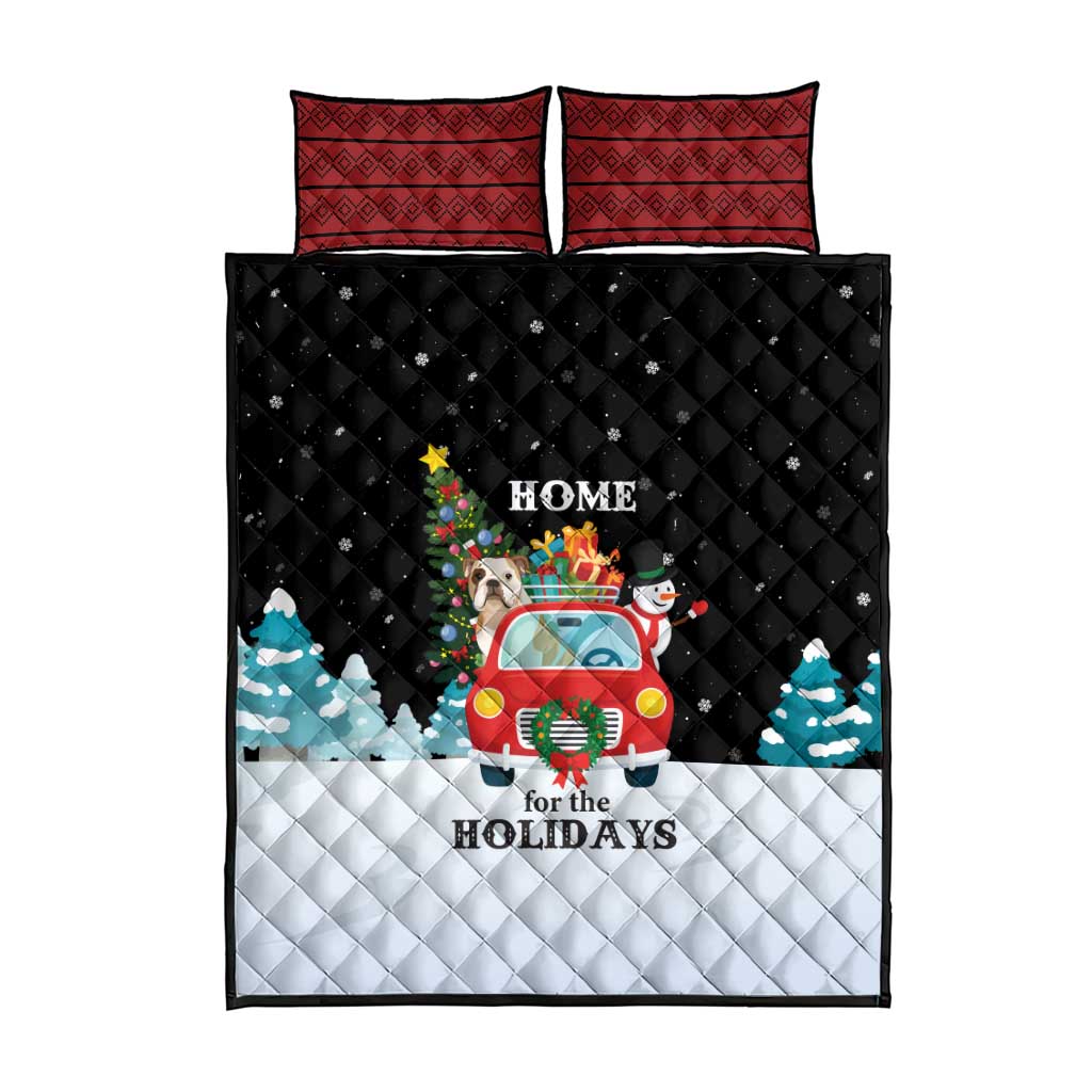 Merry Christmas Bulldog And Snowman Quilt Bed Set Dog Snowman Christmas Tree and Red Car Winter Scene - Wonder Print Shop