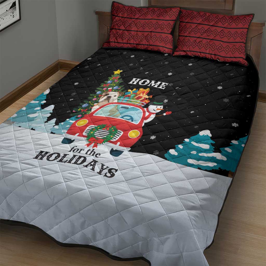 Merry Christmas Bulldog And Snowman Quilt Bed Set Dog Snowman Christmas Tree and Red Car Winter Scene - Wonder Print Shop