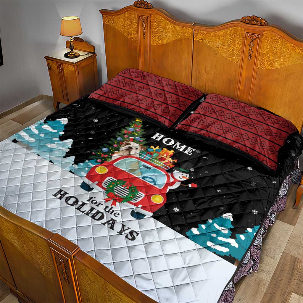 Merry Christmas Bulldog And Snowman Quilt Bed Set Dog Snowman Christmas Tree and Red Car Winter Scene - Wonder Print Shop
