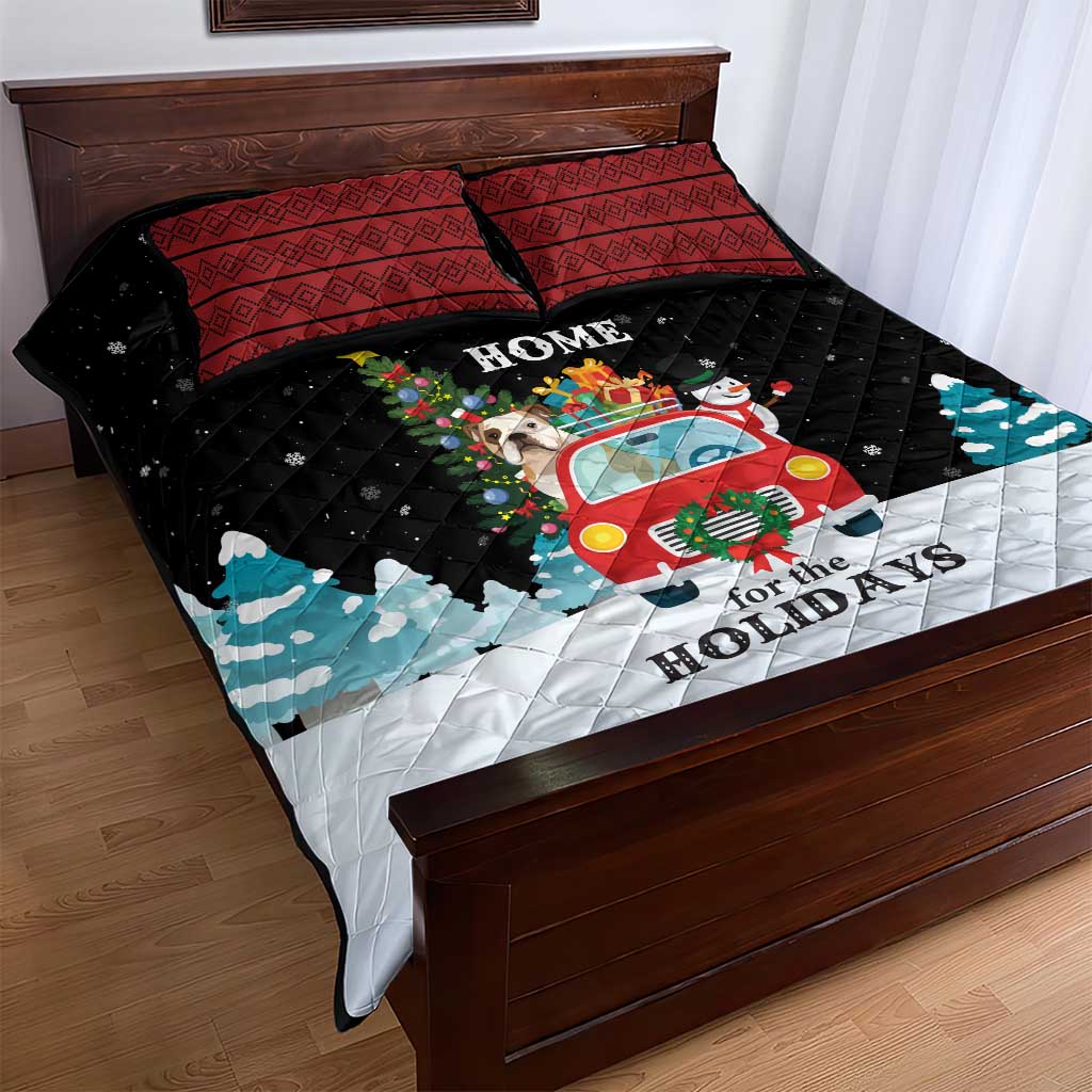 Merry Christmas Bulldog And Snowman Quilt Bed Set Dog Snowman Christmas Tree and Red Car Winter Scene - Wonder Print Shop