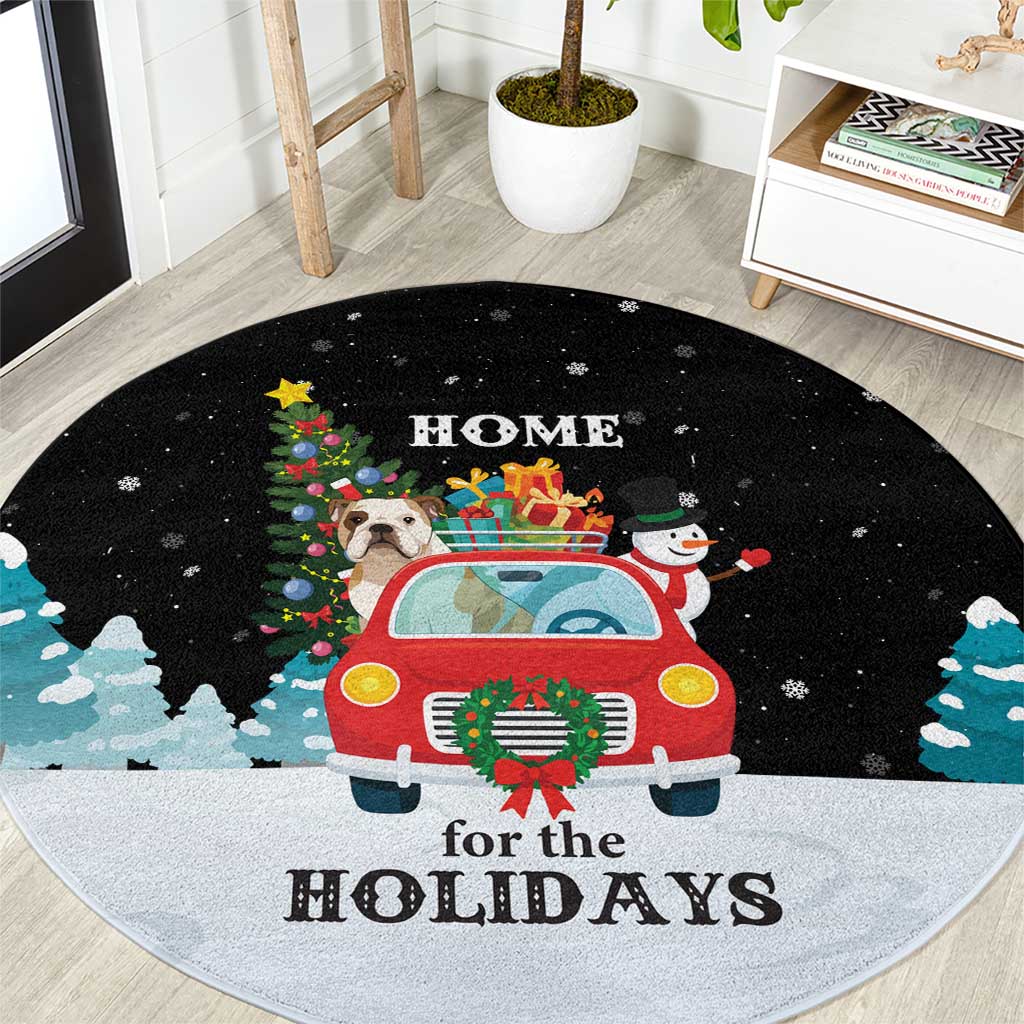 Merry Christmas Bulldog And Snowman Round Carpet Dog Snowman Christmas Tree and Red Car Winter Scene - Wonder Print Shop