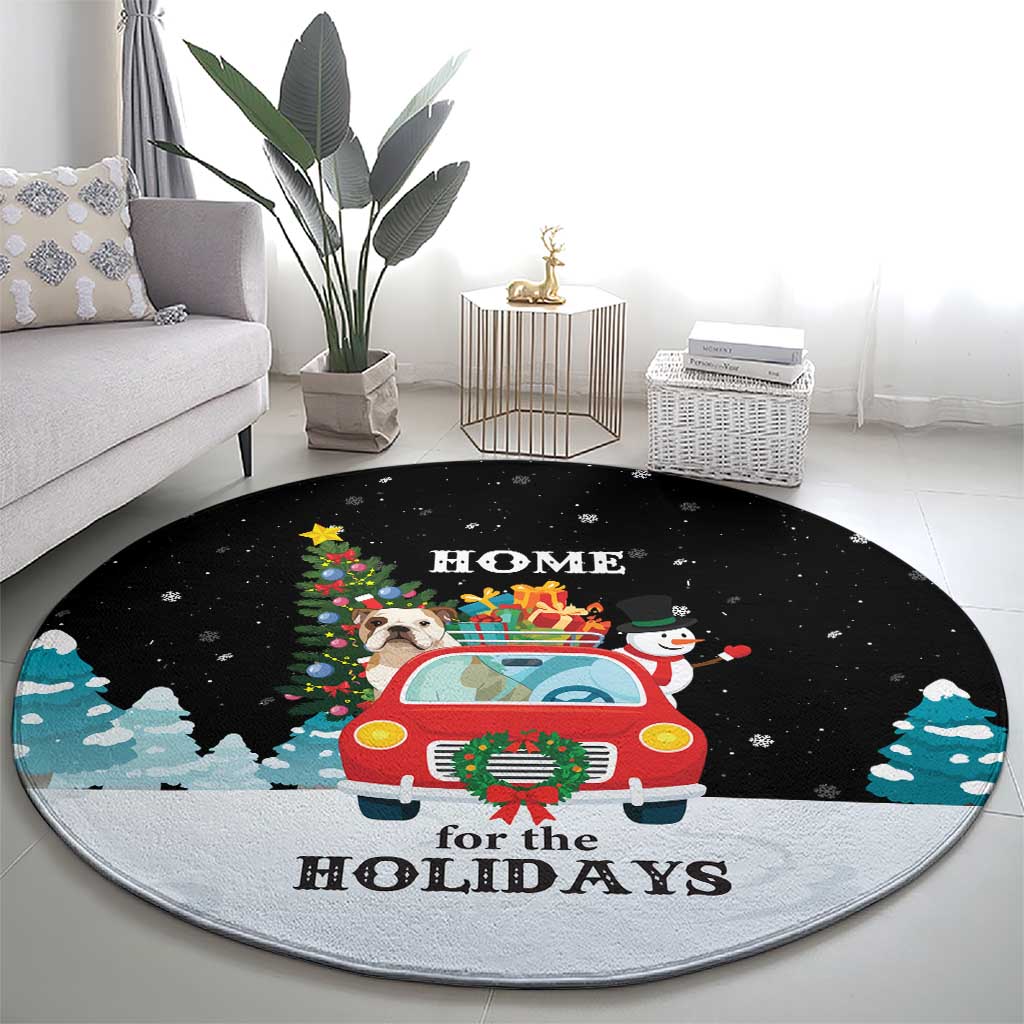 Merry Christmas Bulldog And Snowman Round Carpet Dog Snowman Christmas Tree and Red Car Winter Scene - Wonder Print Shop