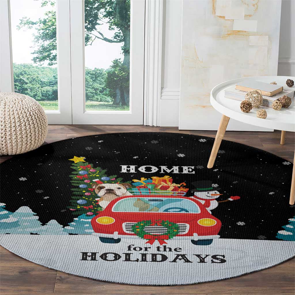 Merry Christmas Bulldog And Snowman Round Carpet Dog Snowman Christmas Tree and Red Car Winter Scene - Wonder Print Shop