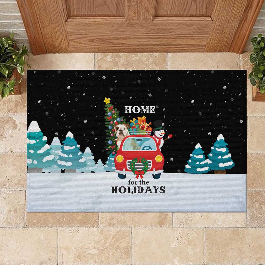 Merry Christmas Bulldog And Snowman Rubber Doormat Dog Snowman Christmas Tree and Red Car Winter Scene - Wonder Print Shop