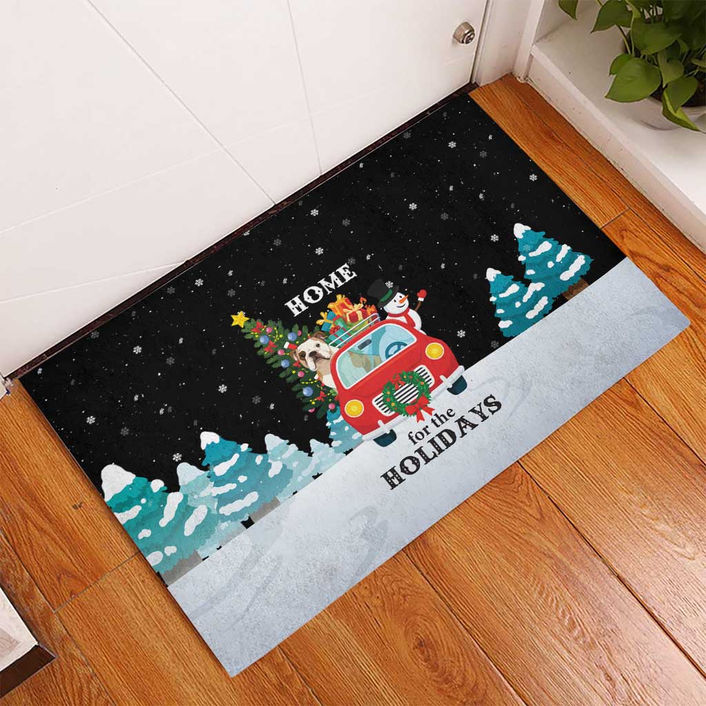Merry Christmas Bulldog And Snowman Rubber Doormat Dog Snowman Christmas Tree and Red Car Winter Scene - Wonder Print Shop
