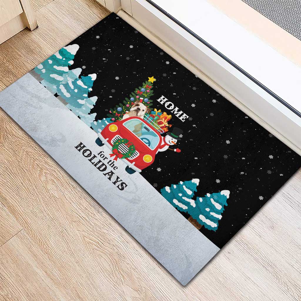 Merry Christmas Bulldog And Snowman Rubber Doormat Dog Snowman Christmas Tree and Red Car Winter Scene - Wonder Print Shop