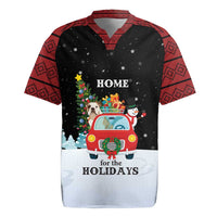 Merry Christmas Bulldog And Snowman Rugby Jersey Dog Snowman Christmas Tree and Red Car Winter Scene - Wonder Print Shop
