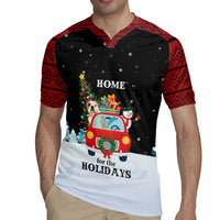 Merry Christmas Bulldog And Snowman Rugby Jersey Dog Snowman Christmas Tree and Red Car Winter Scene - Wonder Print Shop