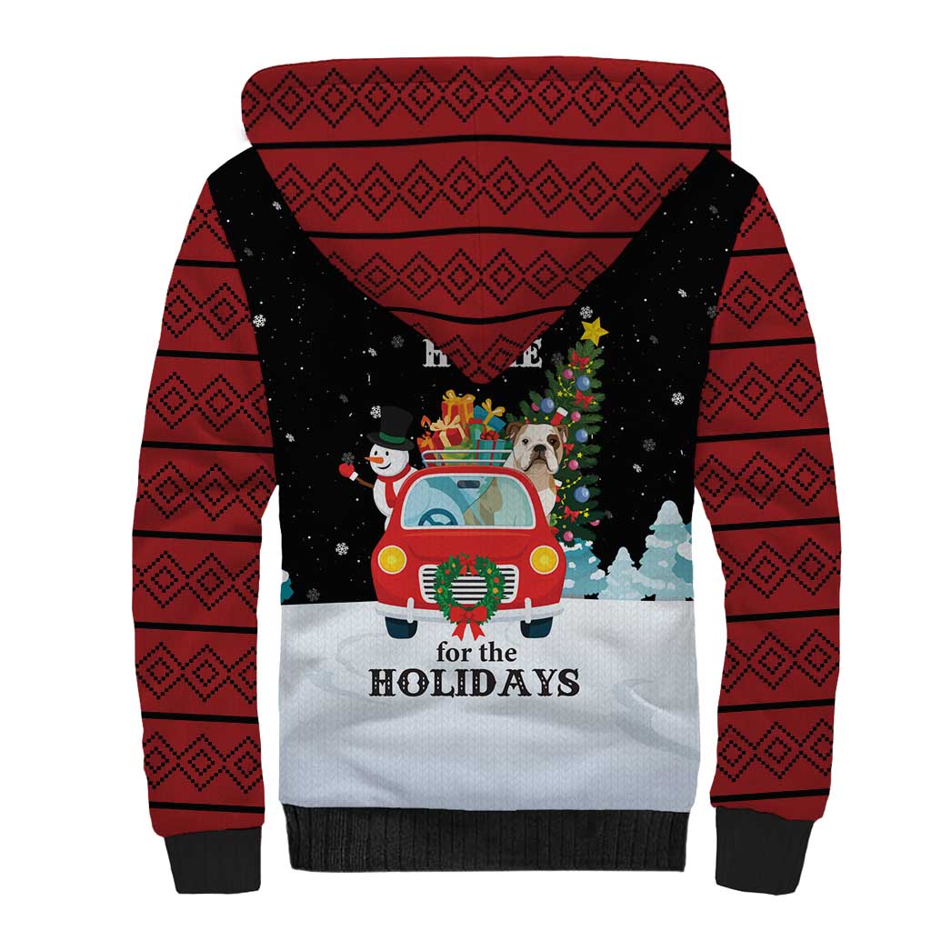 Merry Christmas Bulldog And Snowman Sherpa Hoodie Dog Snowman Christmas Tree and Red Car Winter Scene - Wonder Print Shop