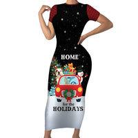 Merry Christmas Bulldog And Snowman Short Sleeve Bodycon Dress Dog Snowman Christmas Tree and Red Car Winter Scene - Wonder Print Shop