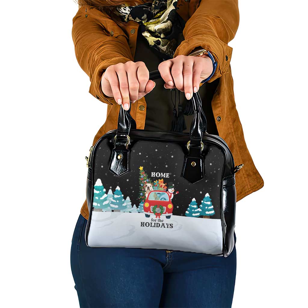 Merry Christmas Bulldog And Snowman Shoulder Handbag Dog Snowman Christmas Tree and Red Car Winter Scene - Wonder Print Shop
