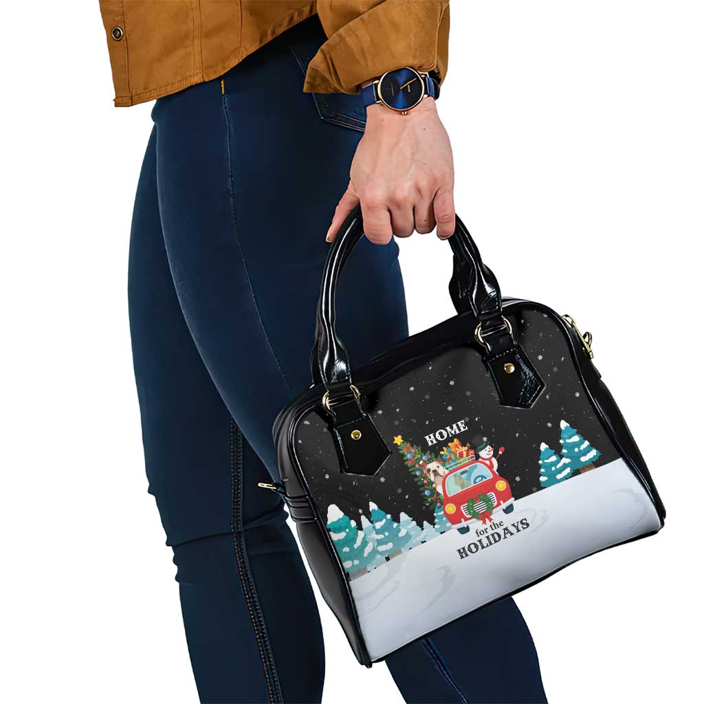 Merry Christmas Bulldog And Snowman Shoulder Handbag Dog Snowman Christmas Tree and Red Car Winter Scene - Wonder Print Shop