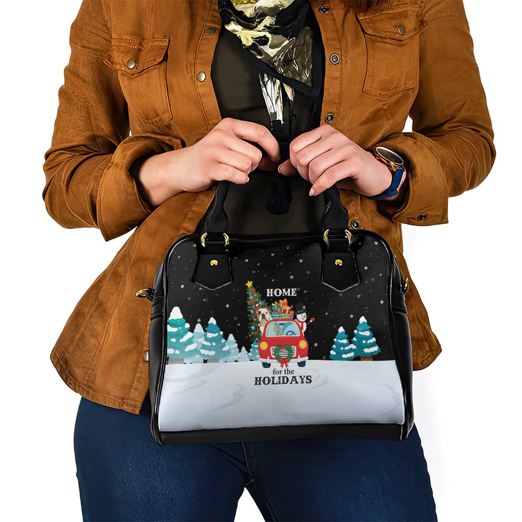 Merry Christmas Bulldog And Snowman Shoulder Handbag Dog Snowman Christmas Tree and Red Car Winter Scene - Wonder Print Shop