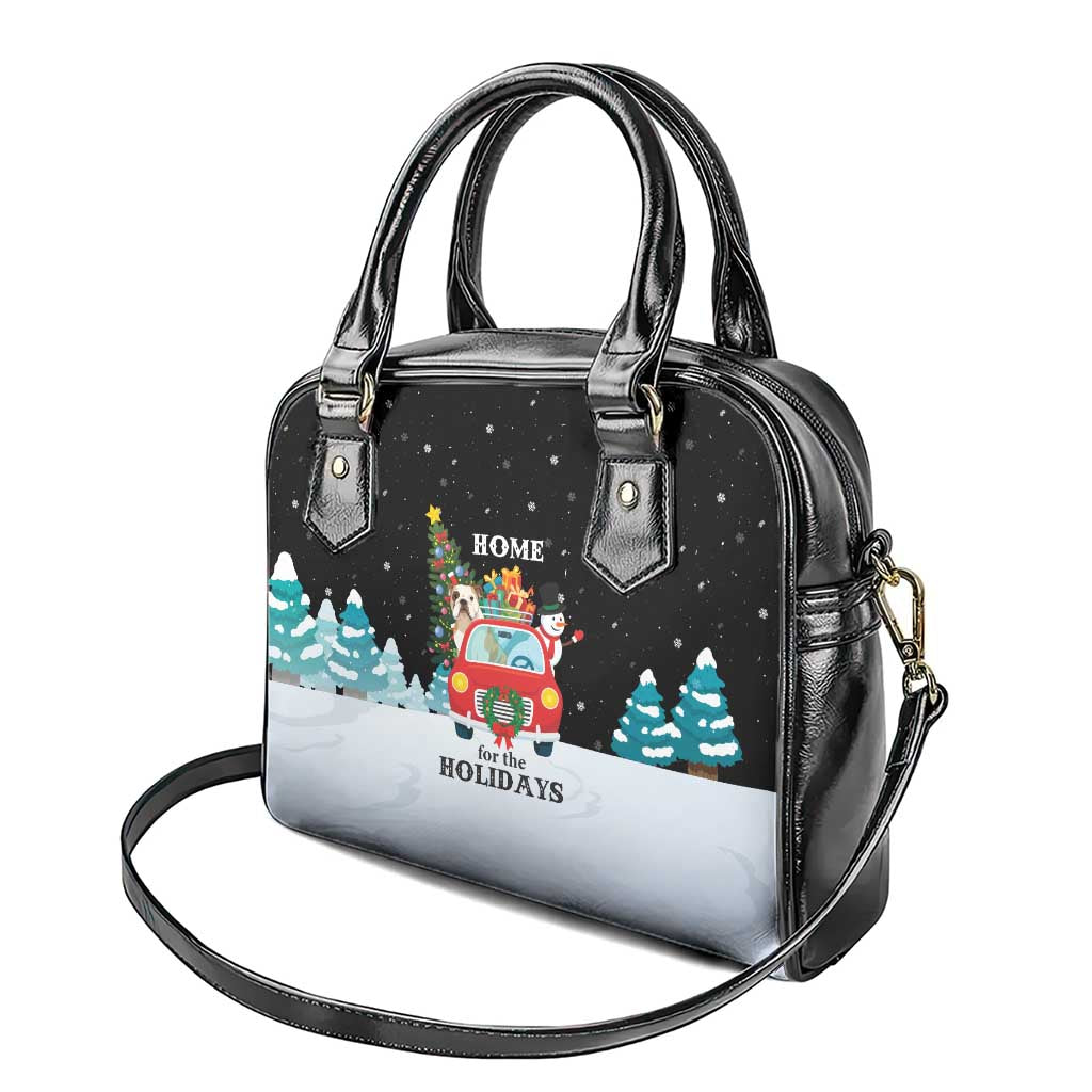 Merry Christmas Bulldog And Snowman Shoulder Handbag Dog Snowman Christmas Tree and Red Car Winter Scene - Wonder Print Shop