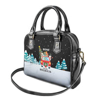 Merry Christmas Bulldog And Snowman Shoulder Handbag Dog Snowman Christmas Tree and Red Car Winter Scene - Wonder Print Shop