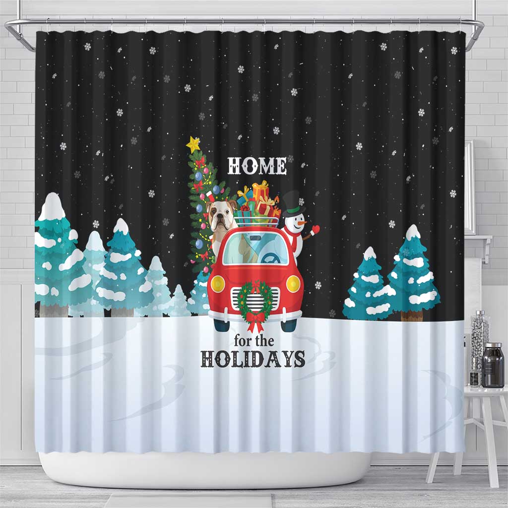Merry Christmas Bulldog And Snowman Shower Curtain Dog Snowman Christmas Tree and Red Car Winter Scene - Wonder Print Shop
