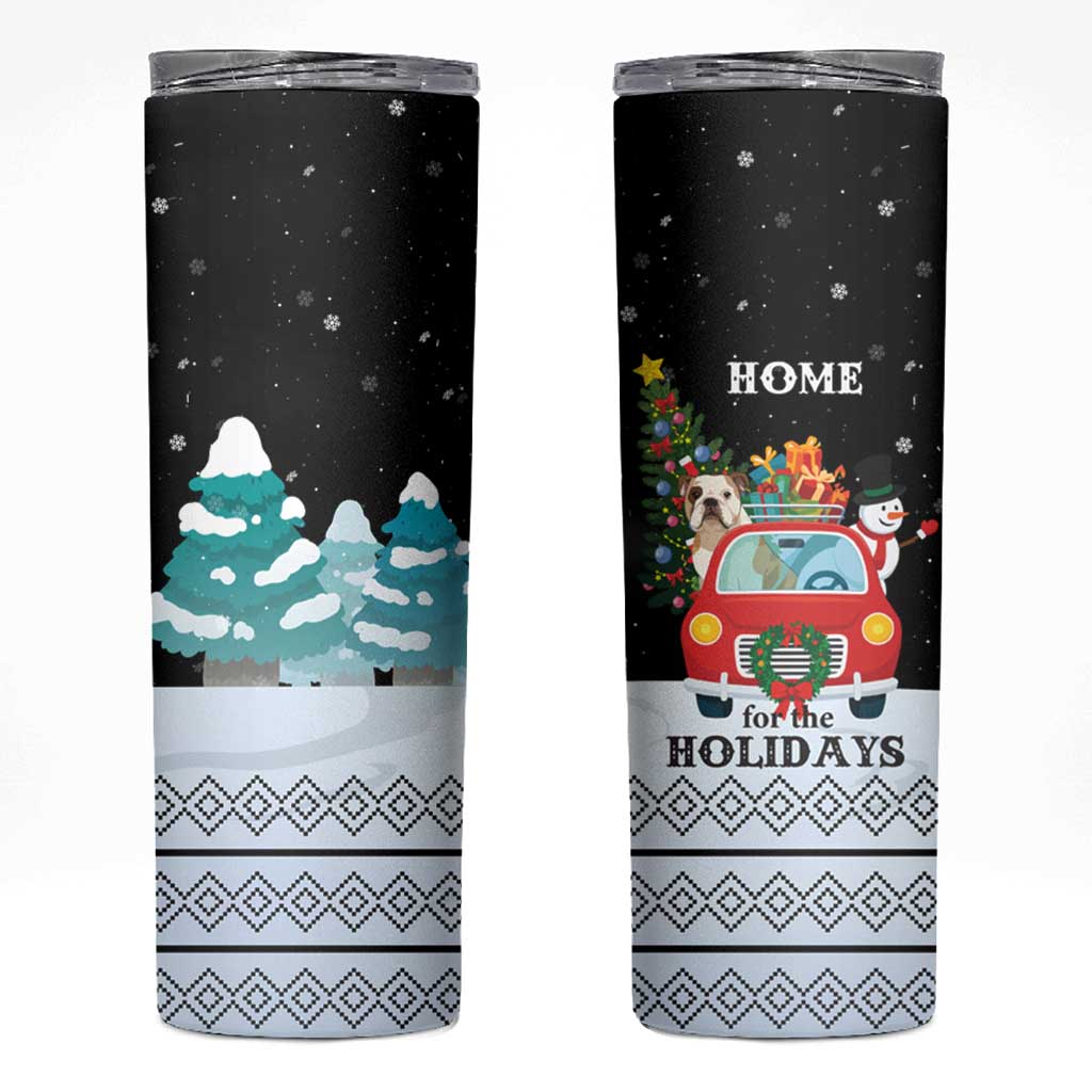 Merry Christmas Bulldog And Snowman Skinny Tumbler Dog Snowman Christmas Tree and Red Car Winter Scene - Wonder Print Shop