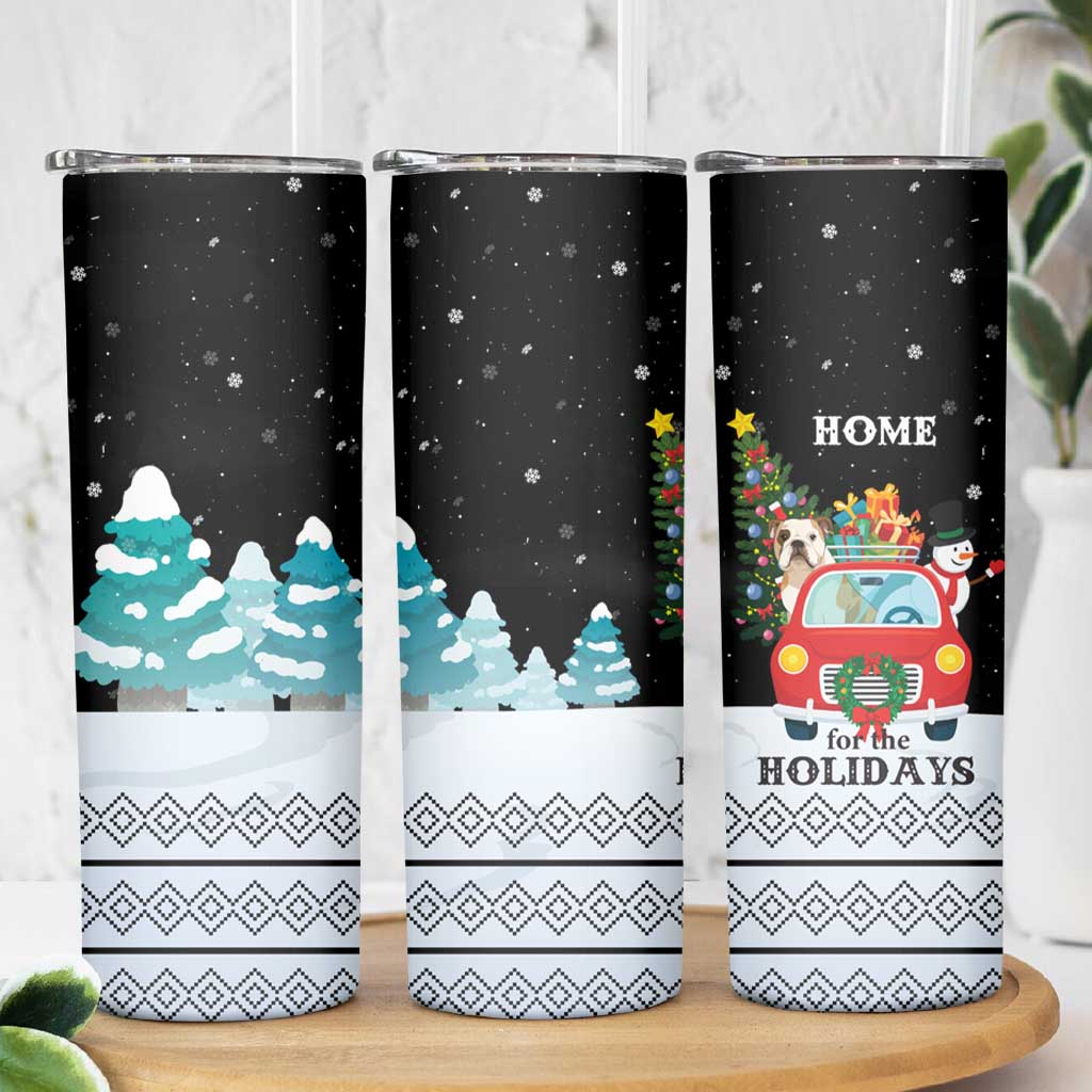 Merry Christmas Bulldog And Snowman Skinny Tumbler Dog Snowman Christmas Tree and Red Car Winter Scene - Wonder Print Shop