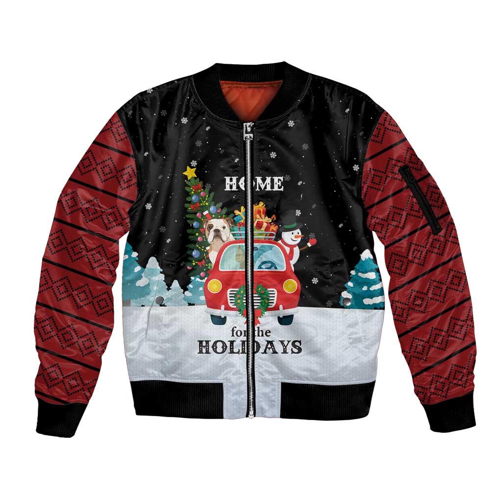 Merry Christmas Bulldog And Snowman Sleeve Zip Bomber Jacket Dog Snowman Christmas Tree and Red Car Winter Scene - Wonder Print Shop
