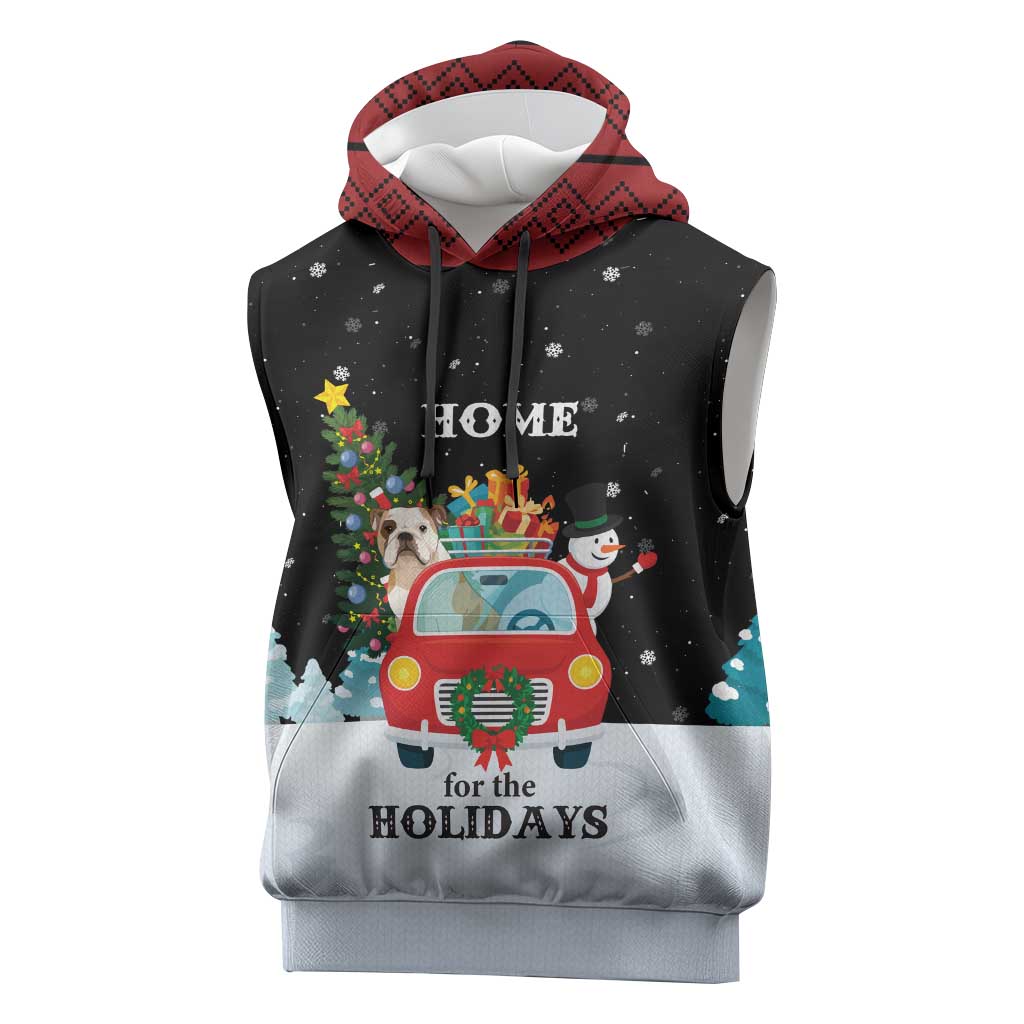 Merry Christmas Bulldog And Snowman Sleeveless Hoodie Dog Snowman Christmas Tree and Red Car Winter Scene - Wonder Print Shop