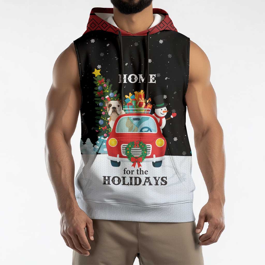 Merry Christmas Bulldog And Snowman Sleeveless Hoodie Dog Snowman Christmas Tree and Red Car Winter Scene - Wonder Print Shop
