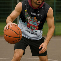 Merry Christmas Bulldog And Snowman Sleeveless Hoodie Dog Snowman Christmas Tree and Red Car Winter Scene - Wonder Print Shop