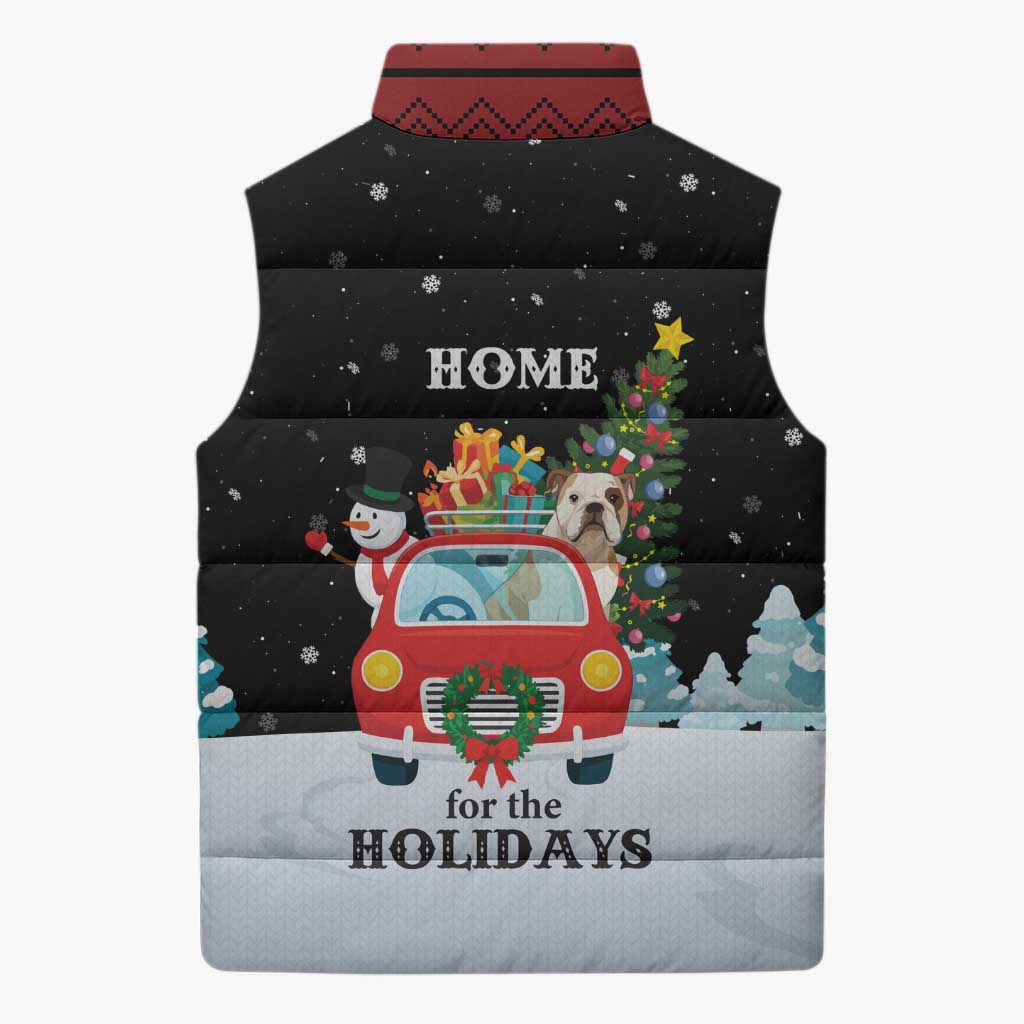 Merry Christmas Bulldog And Snowman Sleeveless Puffer Jacket Dog Snowman Christmas Tree and Red Car Winter Scene - Wonder Print Shop