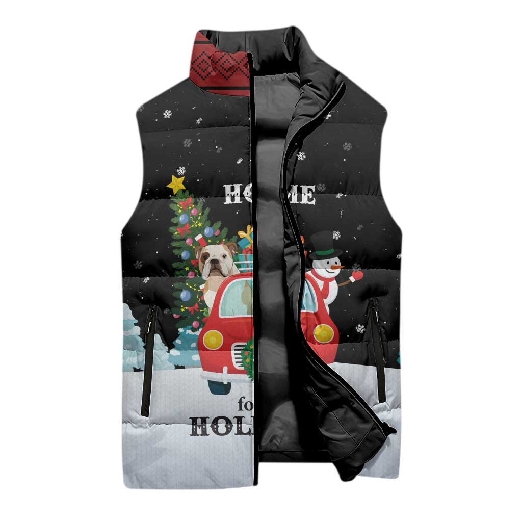 Merry Christmas Bulldog And Snowman Sleeveless Puffer Jacket Dog Snowman Christmas Tree and Red Car Winter Scene - Wonder Print Shop