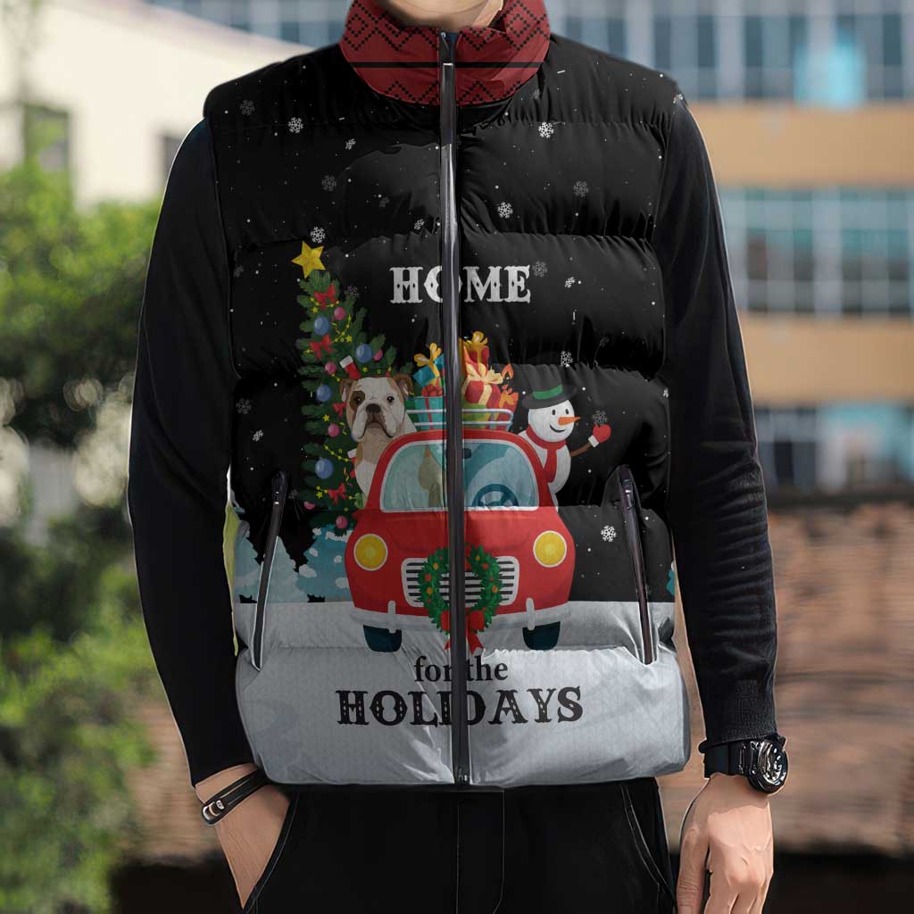 Merry Christmas Bulldog And Snowman Sleeveless Puffer Jacket Dog Snowman Christmas Tree and Red Car Winter Scene - Wonder Print Shop