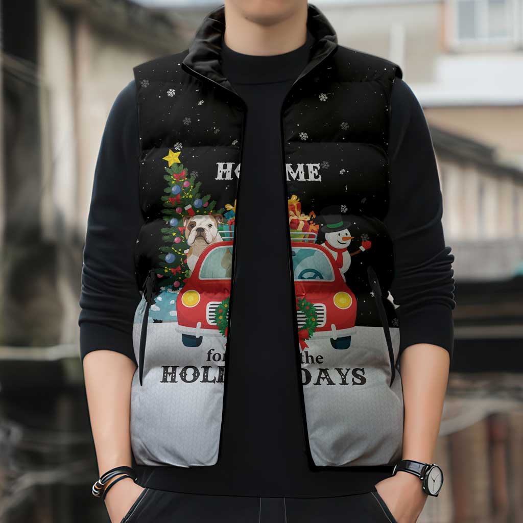 Merry Christmas Bulldog And Snowman Sleeveless Puffer Jacket Dog Snowman Christmas Tree and Red Car Winter Scene - Wonder Print Shop