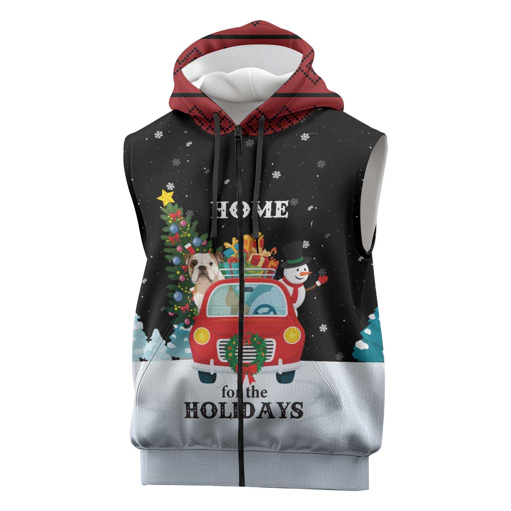 Merry Christmas Bulldog And Snowman Sleeveless Zip Hoodie Dog Snowman Christmas Tree and Red Car Winter Scene - Wonder Print Shop