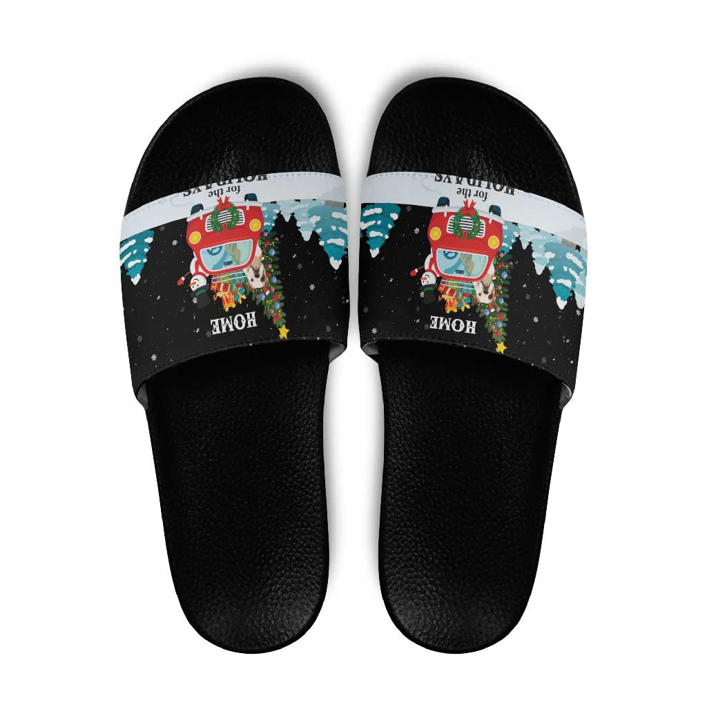 Merry Christmas Bulldog And Snowman Slide Sandals Dog Snowman Christmas Tree and Red Car Winter Scene - Wonder Print Shop