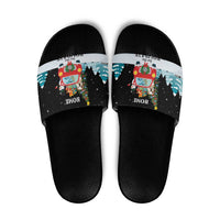 Merry Christmas Bulldog And Snowman Slide Sandals Dog Snowman Christmas Tree and Red Car Winter Scene - Wonder Print Shop