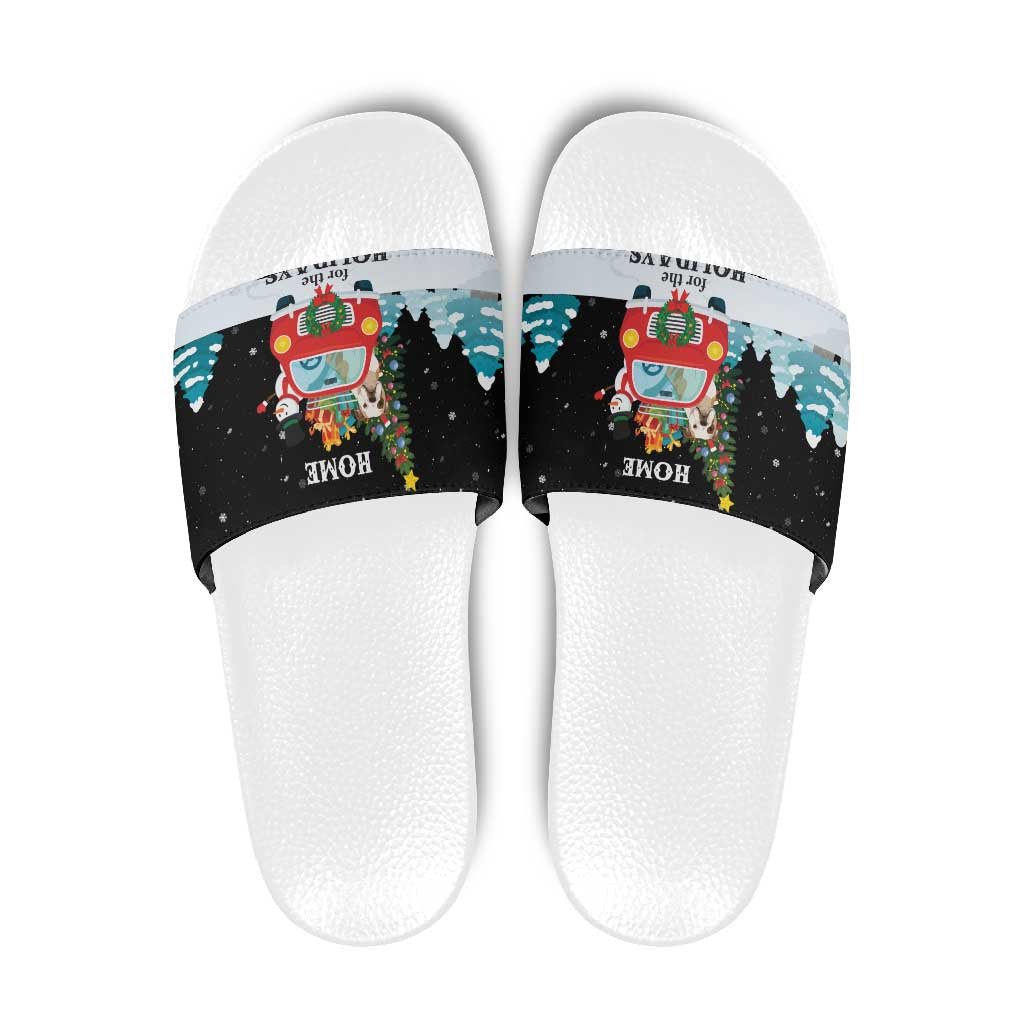 Merry Christmas Bulldog And Snowman Slide Sandals Dog Snowman Christmas Tree and Red Car Winter Scene - Wonder Print Shop