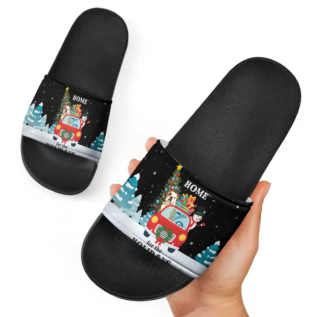 Merry Christmas Bulldog And Snowman Slide Sandals Dog Snowman Christmas Tree and Red Car Winter Scene - Wonder Print Shop