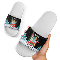Merry Christmas Bulldog And Snowman Slide Sandals Dog Snowman Christmas Tree and Red Car Winter Scene - Wonder Print Shop