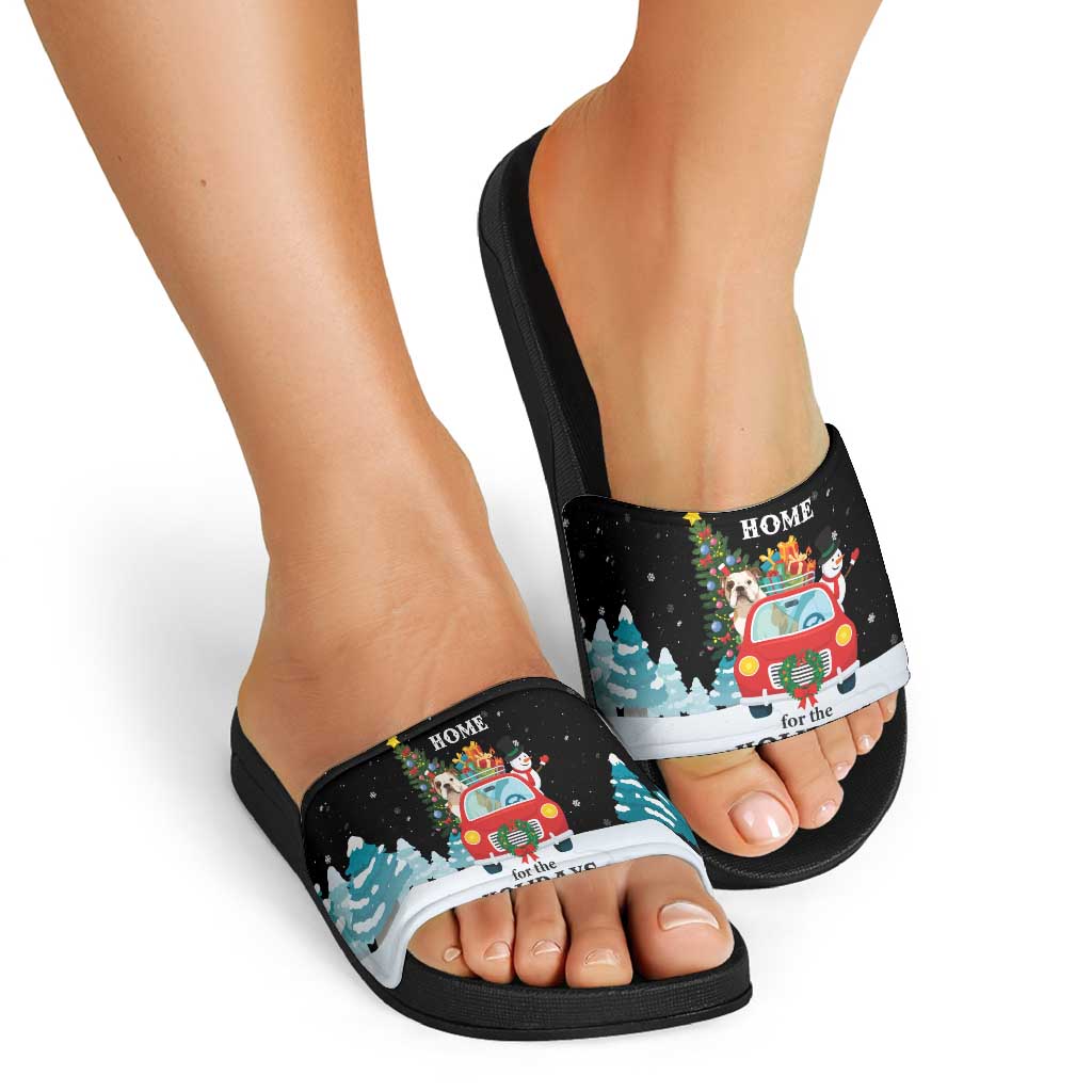 Merry Christmas Bulldog And Snowman Slide Sandals Dog Snowman Christmas Tree and Red Car Winter Scene - Wonder Print Shop