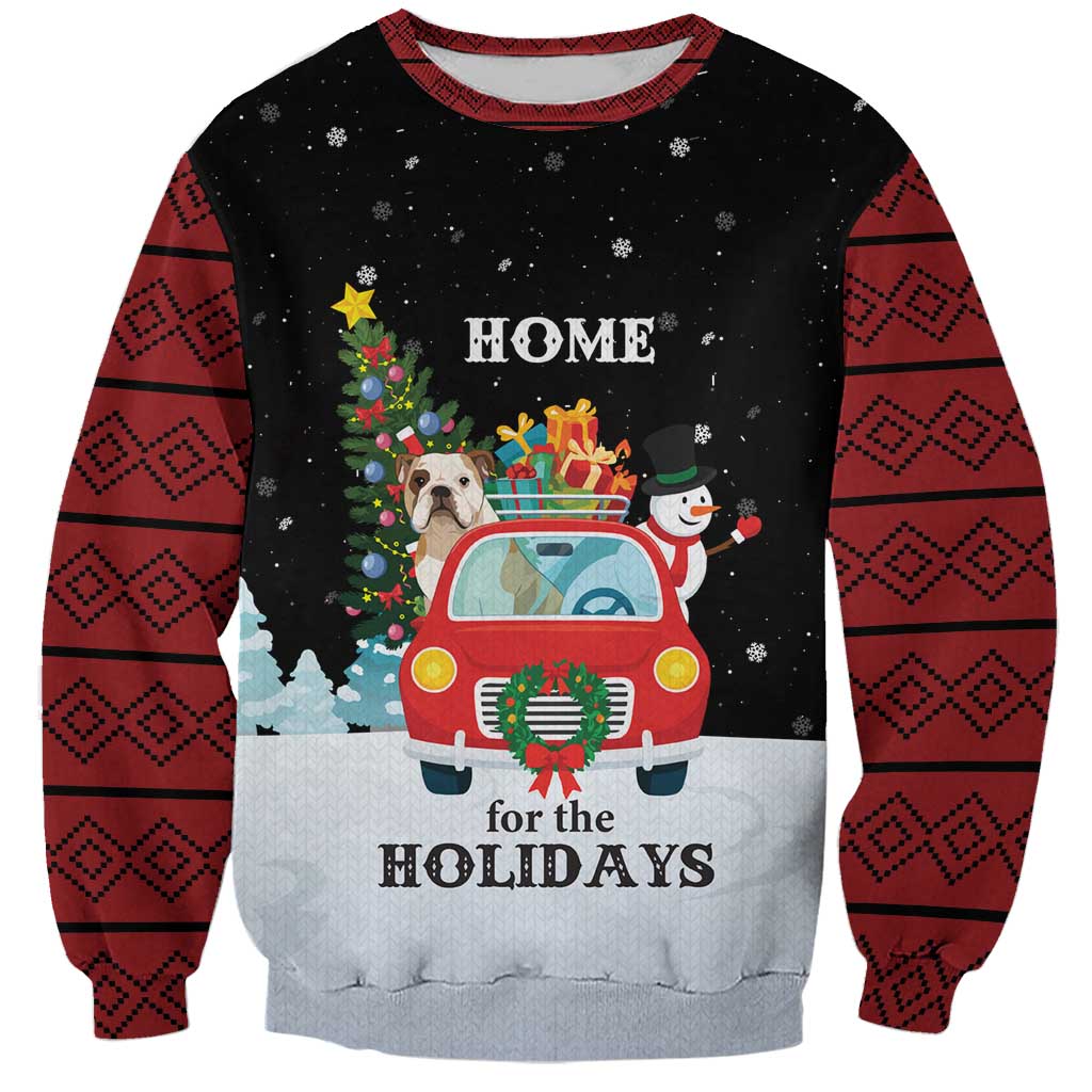 Merry Christmas Bulldog And Snowman Sweatshirt Dog Snowman Christmas Tree and Red Car Winter Scene - Wonder Print Shop