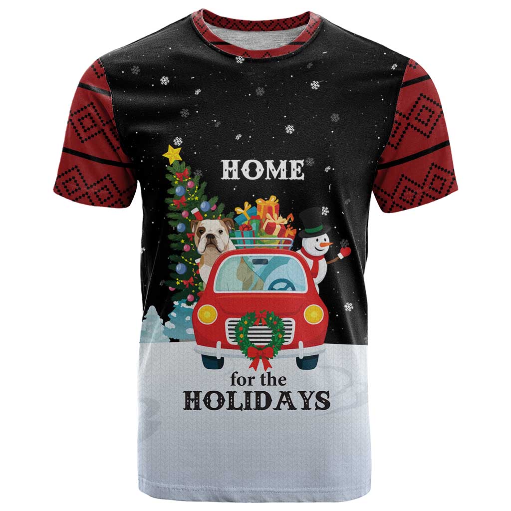 Merry Christmas Bulldog And Snowman T Shirt Dog Snowman Christmas Tree and Red Car Winter Scene - Wonder Print Shop