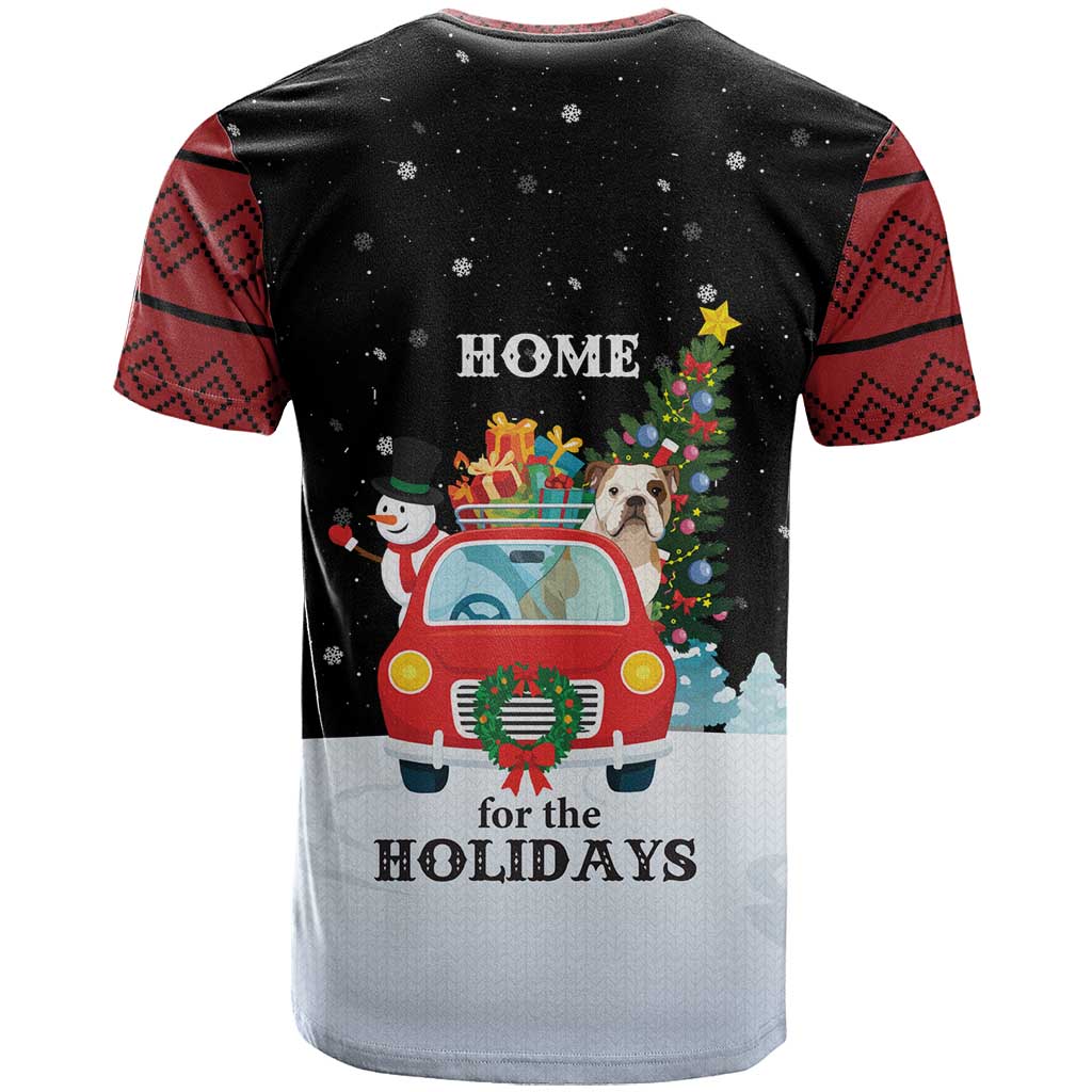 Merry Christmas Bulldog And Snowman T Shirt Dog Snowman Christmas Tree and Red Car Winter Scene - Wonder Print Shop
