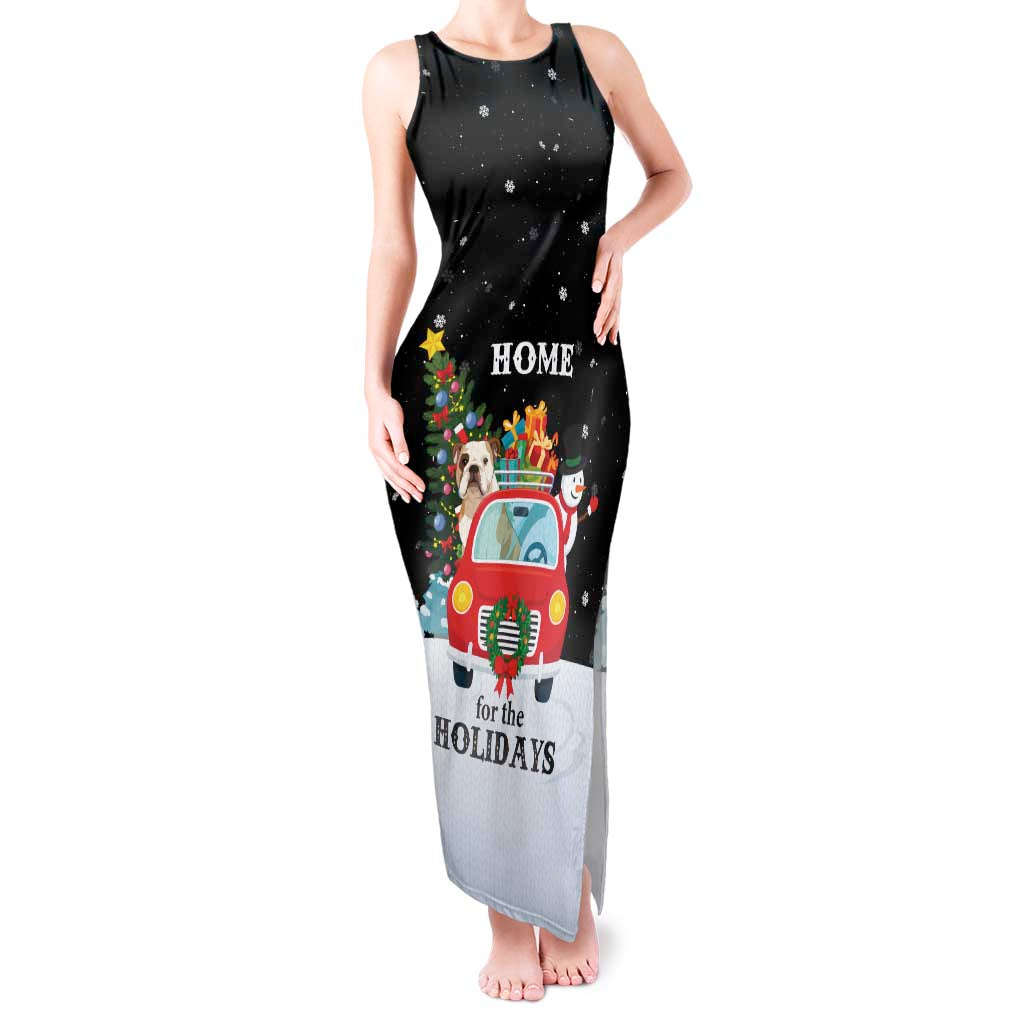 Merry Christmas Bulldog And Snowman Tank Maxi Dress Dog Snowman Christmas Tree and Red Car Winter Scene - Wonder Print Shop