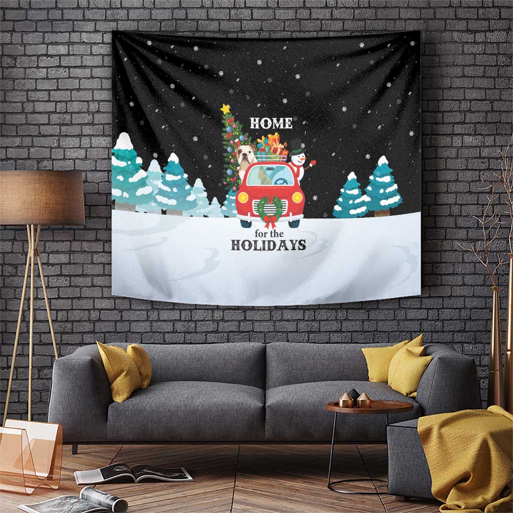 Merry Christmas Bulldog And Snowman Tapestry Dog Snowman Christmas Tree and Red Car Winter Scene - Wonder Print Shop