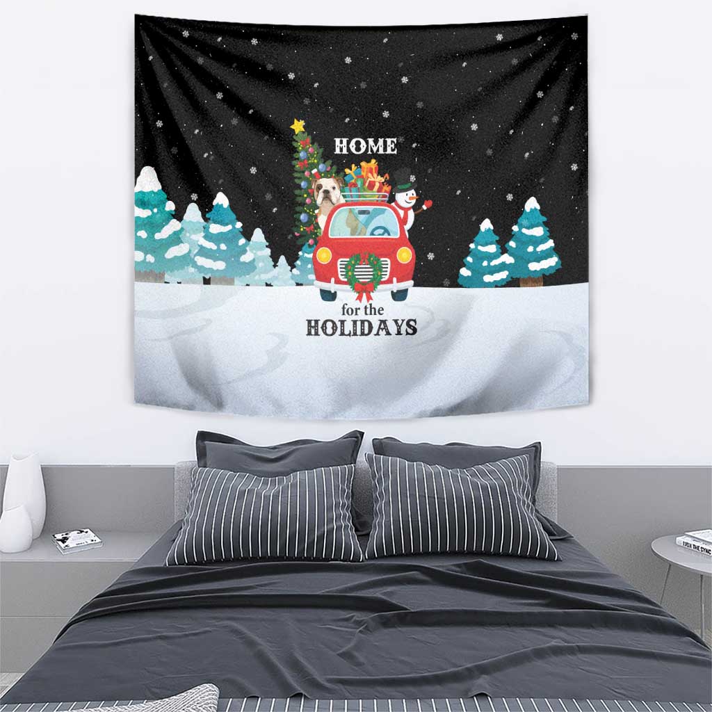 Merry Christmas Bulldog And Snowman Tapestry Dog Snowman Christmas Tree and Red Car Winter Scene - Wonder Print Shop
