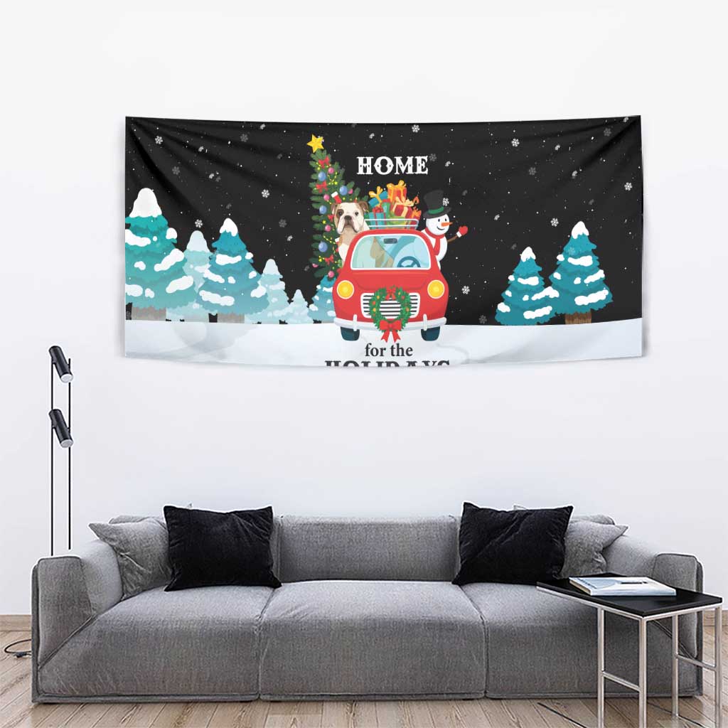 Merry Christmas Bulldog And Snowman Tapestry Dog Snowman Christmas Tree and Red Car Winter Scene - Wonder Print Shop