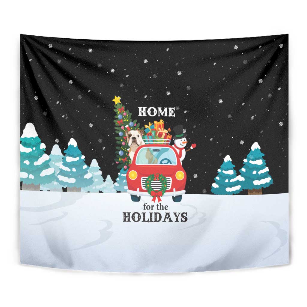 Merry Christmas Bulldog And Snowman Tapestry Dog Snowman Christmas Tree and Red Car Winter Scene - Wonder Print Shop