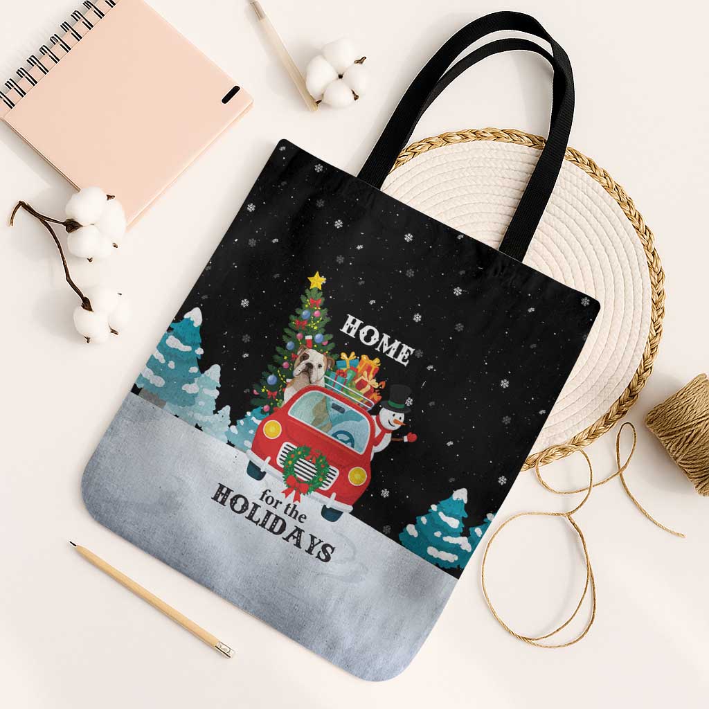 Merry Christmas Bulldog And Snowman Tote Bag Dog Snowman Christmas Tree and Red Car Winter Scene - Wonder Print Shop